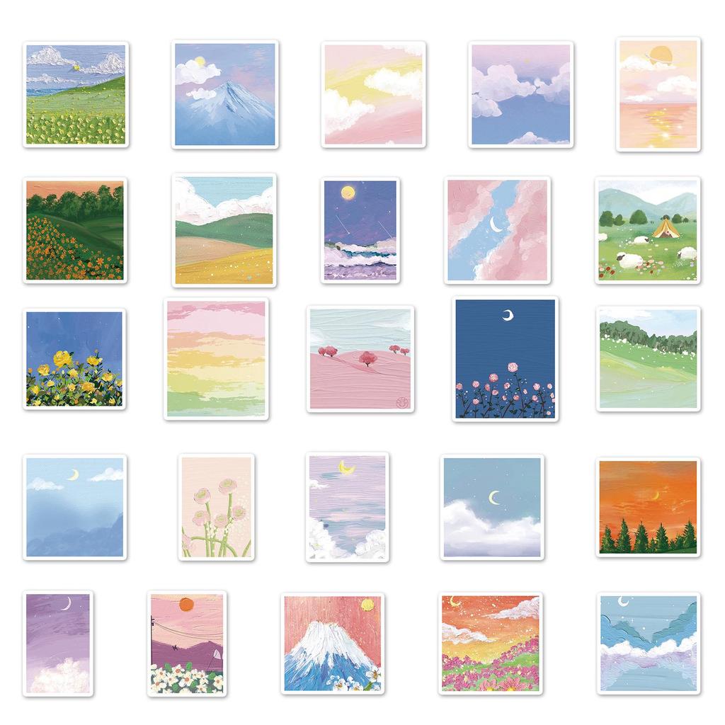 50-Piece Landscape Oil Painting Stickers: Outdoor Scenery DIY Art for Milk Tea Cups & Notebooks