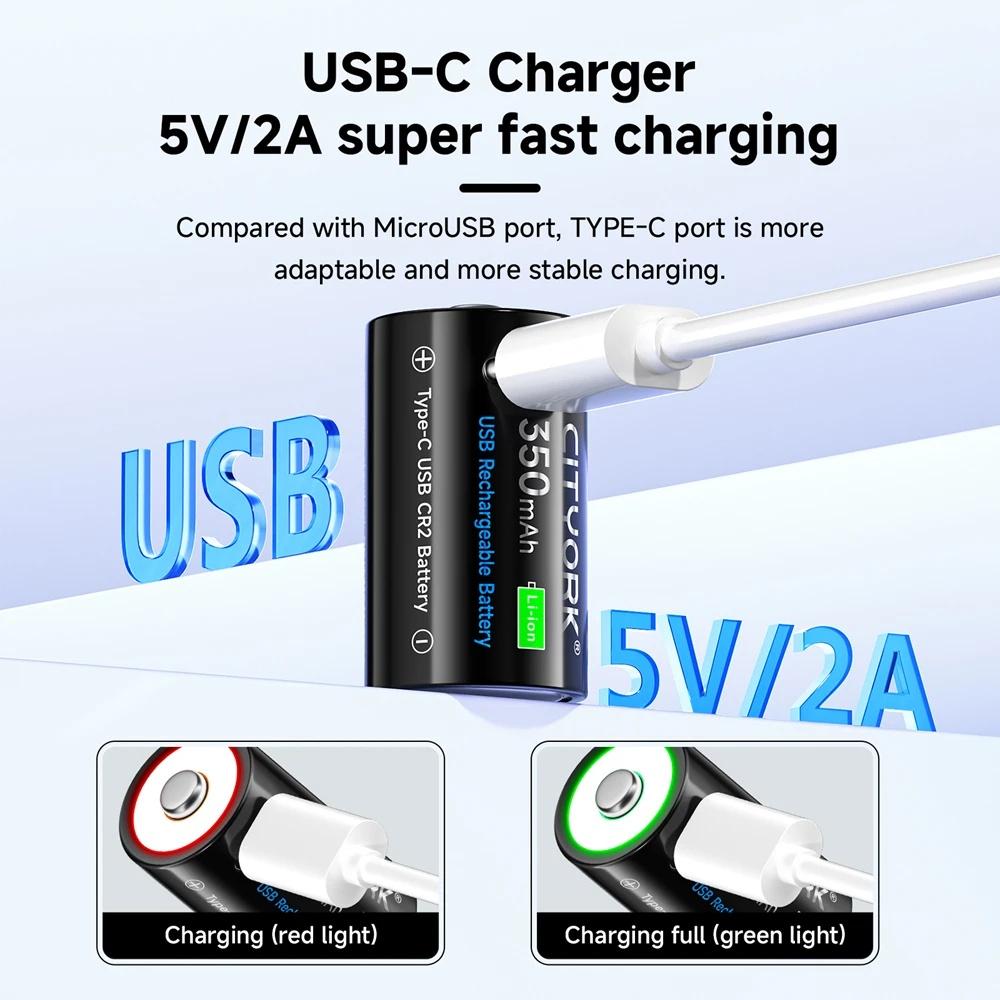 Cityork 3,7V Lithium CR2 Wiederaufladbare Batterie Kamera Entfernungsmesser Scheibenbremsschloss GPS Sicherheit Medizinisches Gerät + Kostenloses Typ-C-Kabel