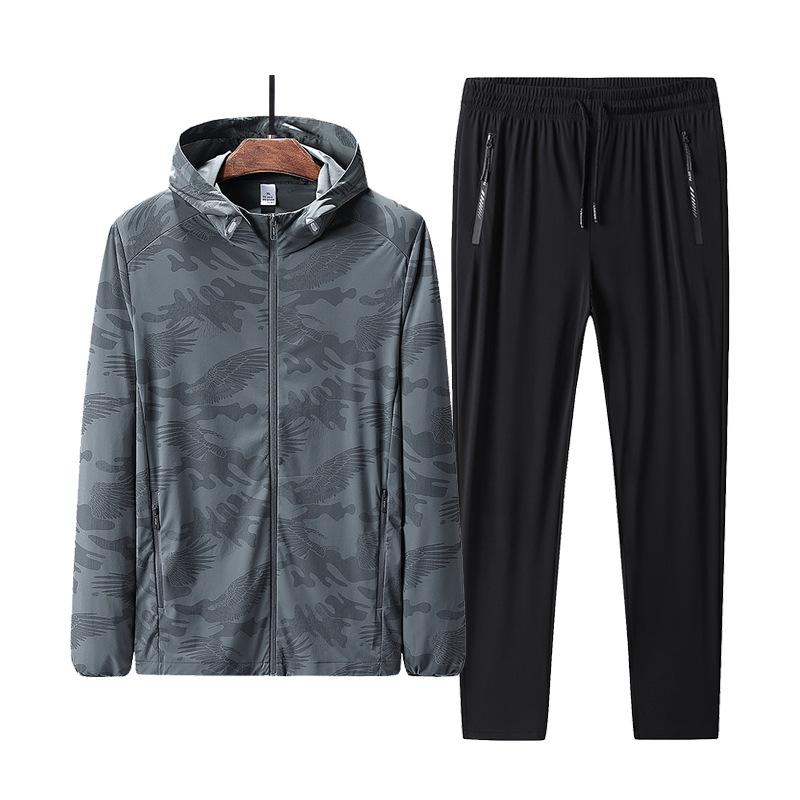 Men's Plus Size Ice Silk Set, Hooded Ice Silk Skin Jacket, Two-piece Set, High Elasticity Loose Fit Set