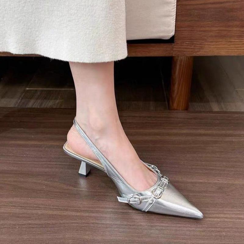 Baotou high-heeled sandals shallow spring new rear empty thin heel temperament celebrity pointed single shoes women s shoes 40 серебряный