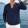 Men Casual Loose V Neck Long Sleeve Linen T Shirt Big Size