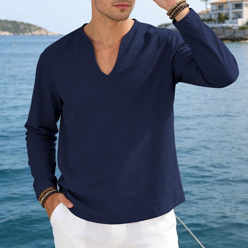 Men Casual Loose V Neck Long Sleeve Linen T Shirt Big Size