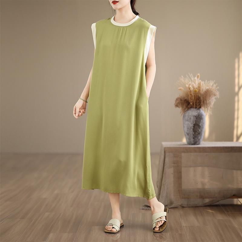 

2025 Summer Loose Sleeveless Cotton-Silk Plus Size Slimming Dress with Large Hem in 4 Solid Colors Plus Size 2XL яблочный зеленый