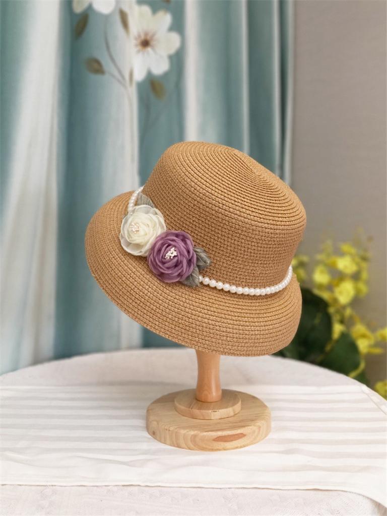 Chic Ins Sommergress Hepburn Elegant Liten Brem Organza Rose Perlekjede Dame Bøttehatt Kvinner Fiskerhatt