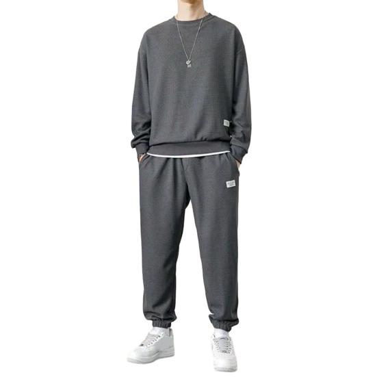 2Pcs/Set Men Spring Autumn Outfit Waffle Texture O-neck Long Sleeve Tops Elastic Waist Pockets Sweatpants Solid Color Casual Outfit