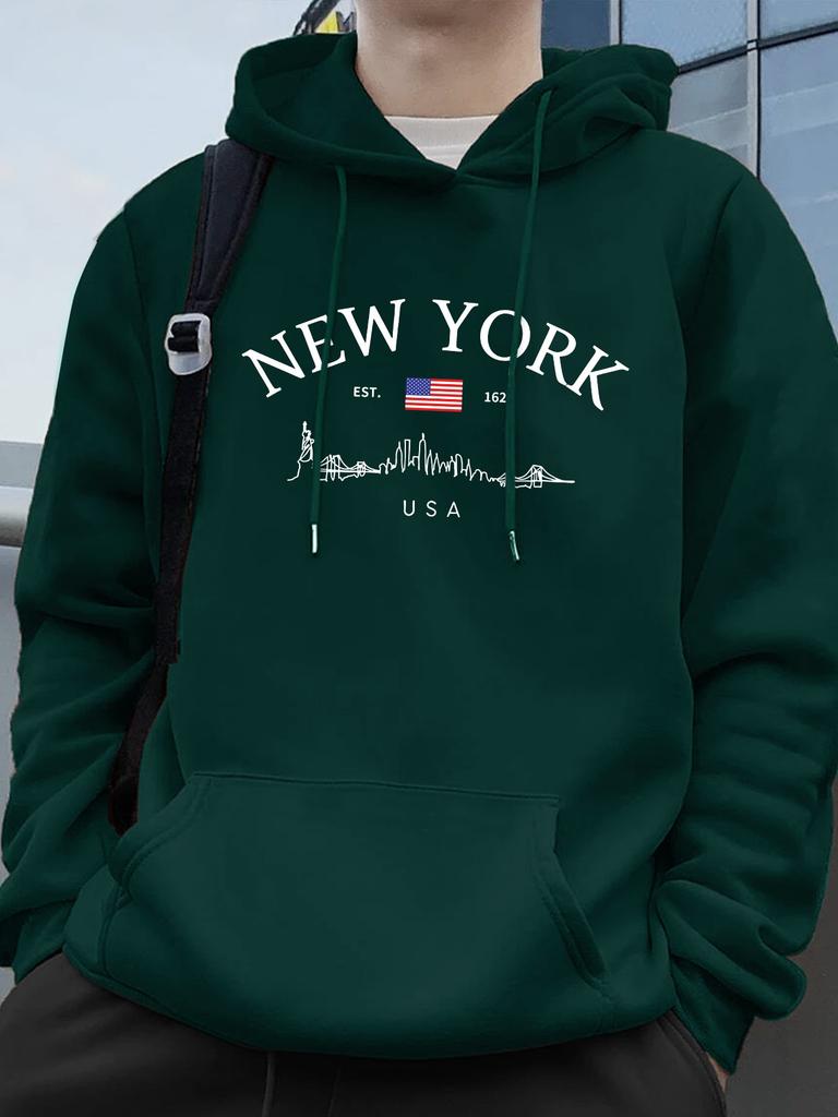 New York-style Letter Print Men's Trendy Hooded Sweatshirt for Fall/winter, Creating a Street Style Look—a Loose and Comfortable Top.