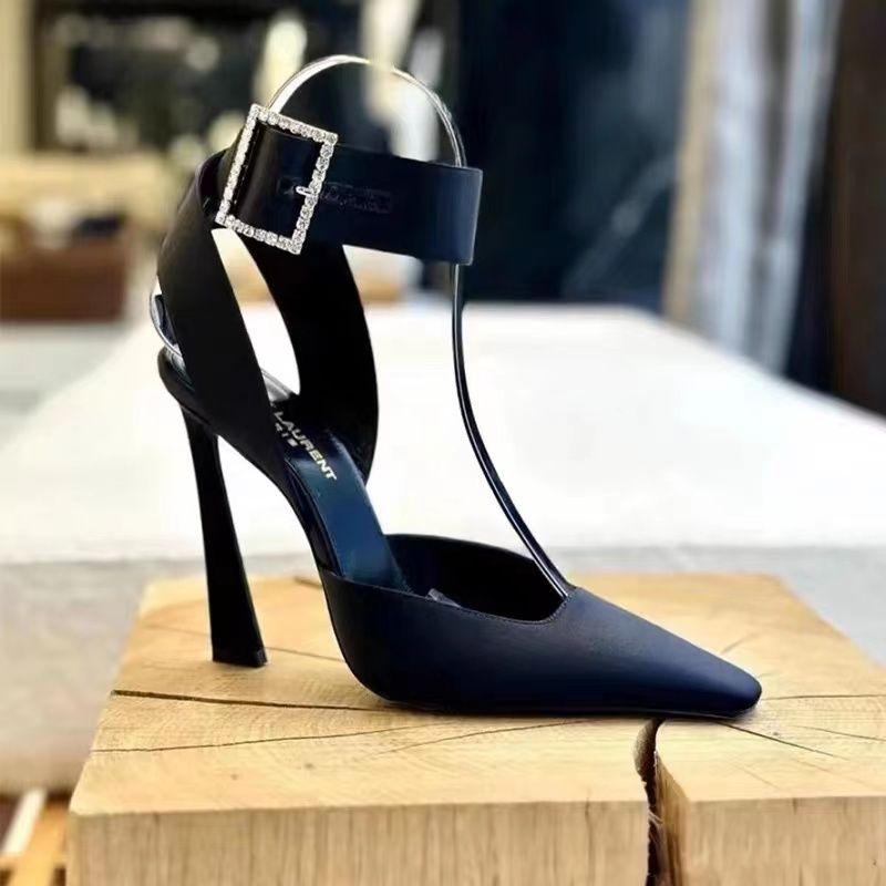 2025 early spring new rhinestone buckle satin high heels women's ankle buckle temperament socialite bag head sandals women