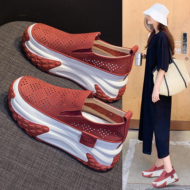 Cowhide Hollow Dad Shoes Women's Summer 2025 New Retro Lightweight Inner Height Increase Casual Sports Shoes Platform Sandals