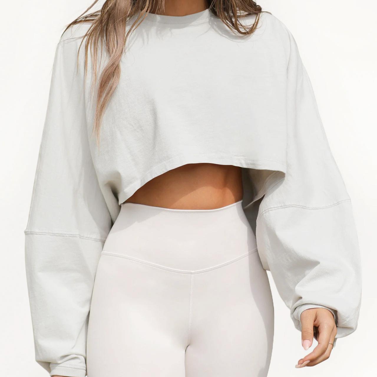 

Толстовка с круглым вырезом, женский короткий пуловер, однотонная спортивная базовая рубашка, трикотажная футболка, свободный топ с длинными рукавами большого размера XS