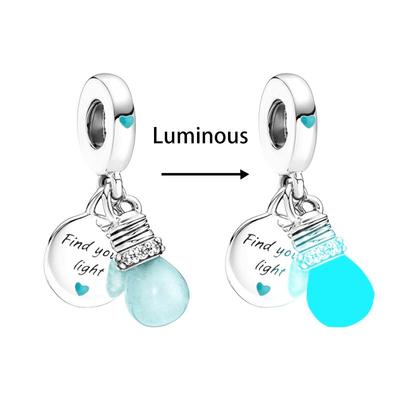 Charms Bead Copper Light Blue Glow-In-The-Dark Bulb Shape Dangle Fit Bangle Bracelet Necklace Diy Jewelry