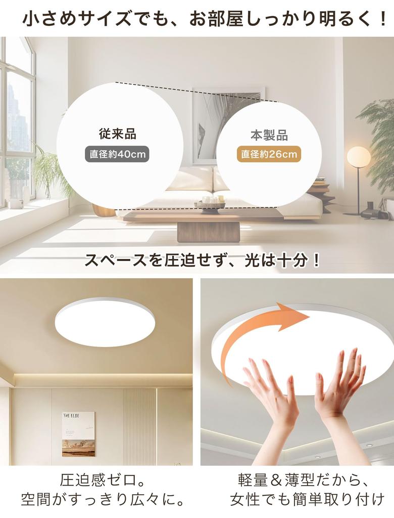Mori No Shuraku LED Ceiling Light, 26cm Diameter, Slim and Compact, 24W, 10 Dimming Levels, Timer, Night Light Mode, Remote Control Included, Easy