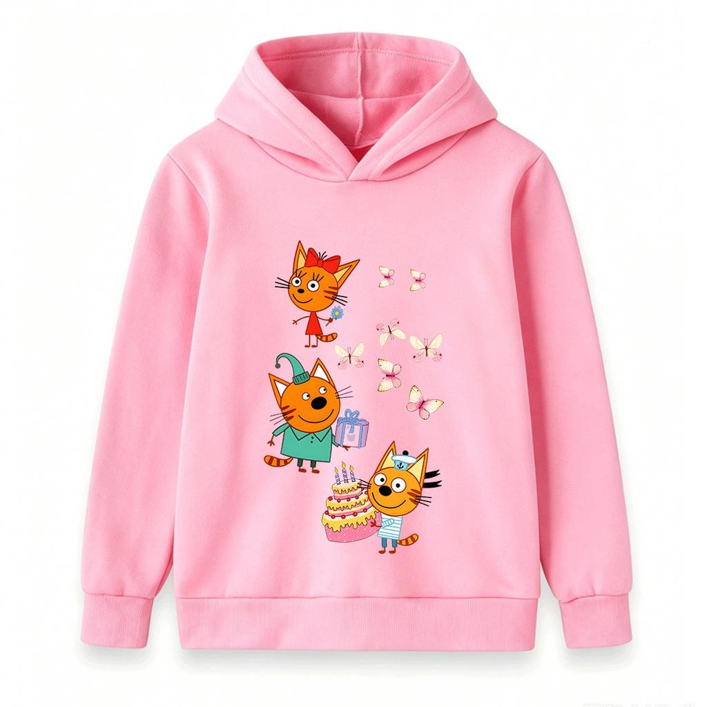 Kids Boys Girls Hoodie Cartoon Orange Cats Butterflies Print Pullover Hooded Sweatshirt Casual Birthday Party Streetwear Soft Warm Children