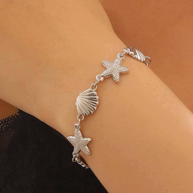 Gold Plated Starfish & Shell Jewelry Set, Ocean Themed Necklace, Earrings & Bracelet for Women