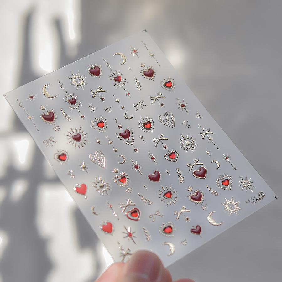 Gold Totem Red Heart Nail Art Stickers Aurora Holographic Star Moon Butterfly 5D Self Adhesive Nail Art RhinestoneS Stickers DIY