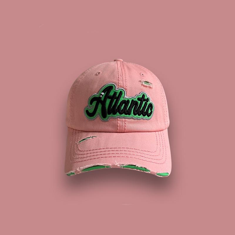 Pink Washed Denim Ripped Baseball Cap Women's Summer Versatile Street Letter Embroidery Cap Tide