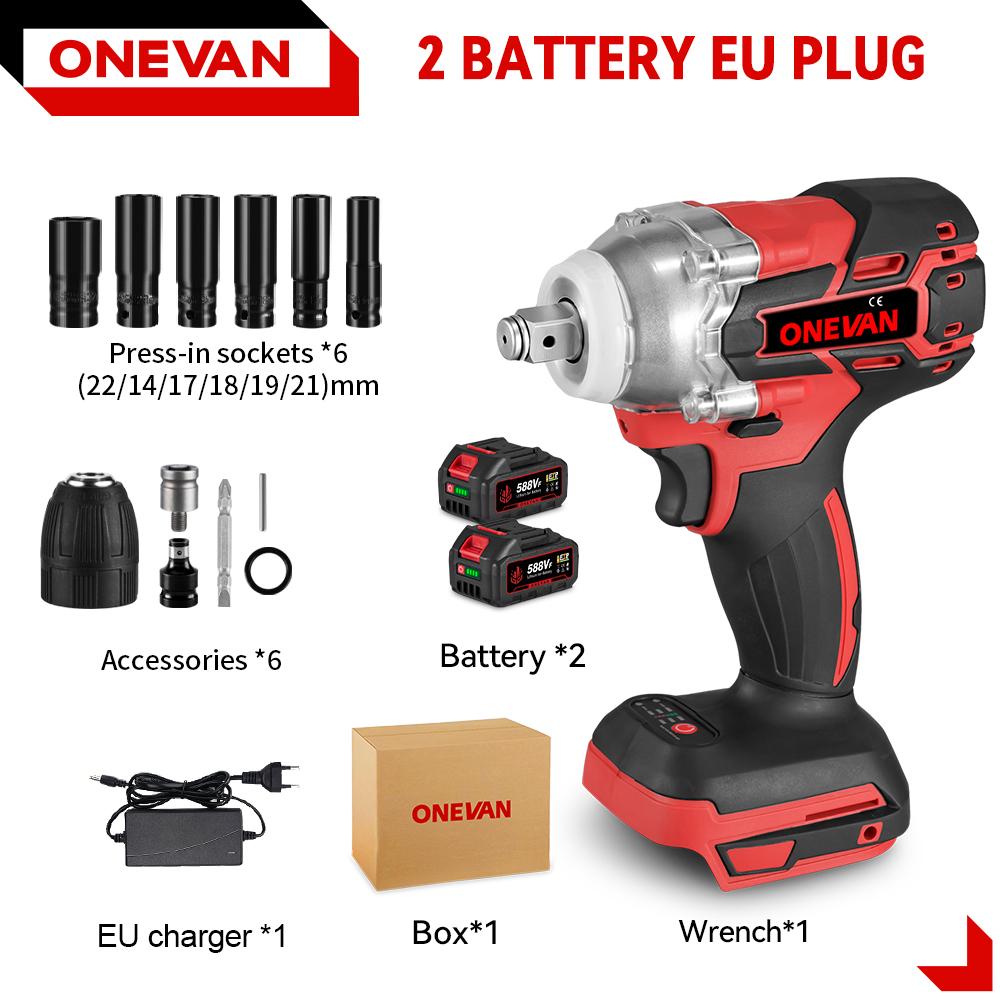 

ONEVAN 520 Н.м Бесщеточный электрический ударный гайковерт Набор шестигранных головок 1/2 дюйма Аккумуляторная отвертка Электроинструмент Для аккумулятора Makita 18 В Штифт 2 Battery-12pcs Set