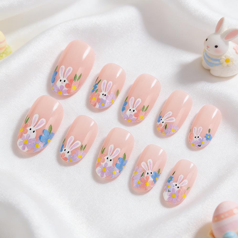 Easter Round Head Cute Rabbit & Flower Nail Art Set - 24 Detachable Glossy False Nails