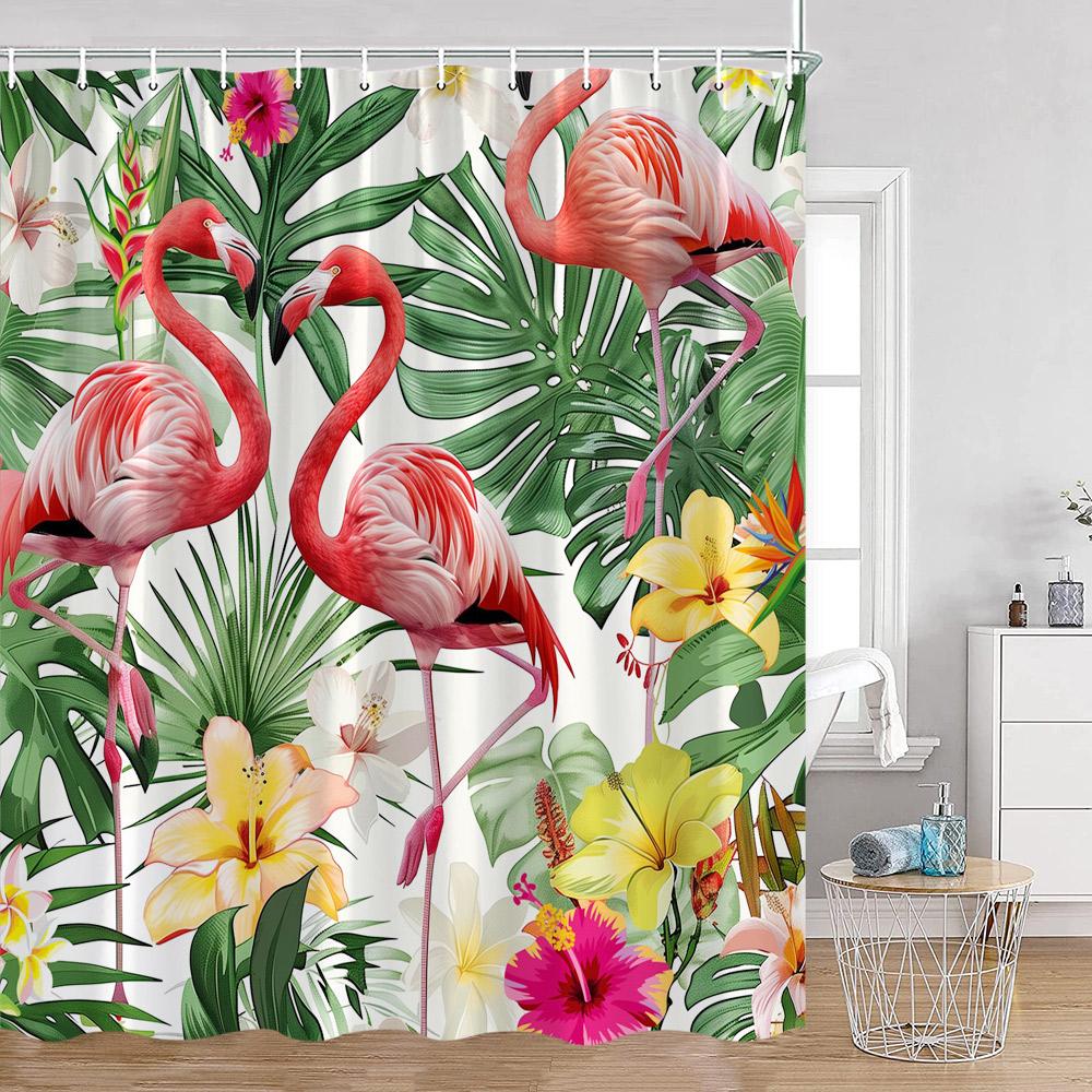 Flamingo Pink Birds Shower Curtains Tropical Palm Leaves Plants Jungle Nordic Bath Curtain Summer Vacation Fabric Bathroom Decor