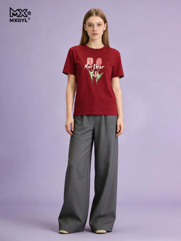 Summer T-shirt 2026 New Style Women Print Tulips T Shirt Students Casual Tee Top Female Short Sleeves Loose T-shirt