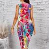 Women Plus Size Sleeveless Round Neck Midi Bodycon Dress Colorful Watercolor Floral Print Slim Fitted Dress