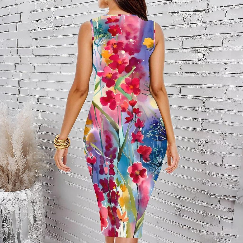 Women Plus Size Sleeveless Round Neck Midi Bodycon Dress Colorful Watercolor Floral Print Slim Fitted Dress