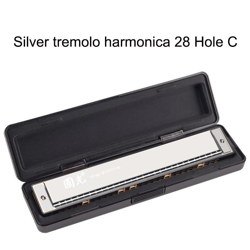 Harmonica Tremolo Guoguang 28 Trous C Octave Harmonica à Bouche Bronze Phosphoreux Blues Harp Kit Avec Étui Pour Enfants