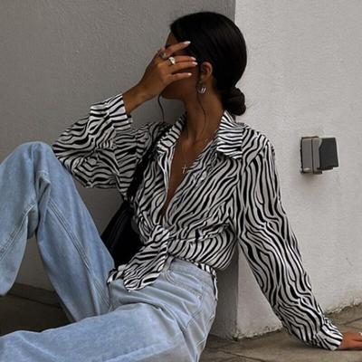 Fashion Design Zebra Pattern Casual Shirt Women Loose Black And White Striped Blouse Woman Streetwear Long Sleeve Tops  28161