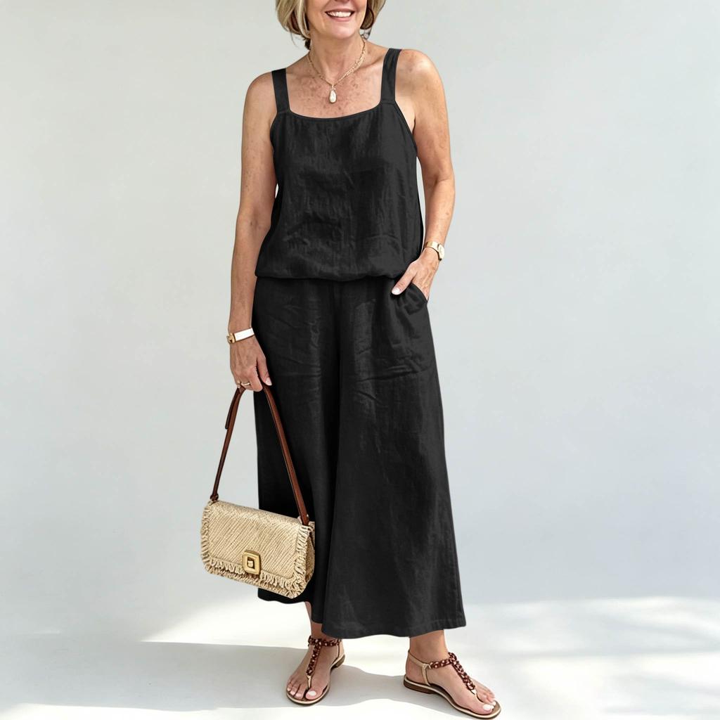 Women Linen Two Piece Set Sleeveless Tank Top Wide Leg Pants Casual Summer Outfit Lightweight Breathable Fabric