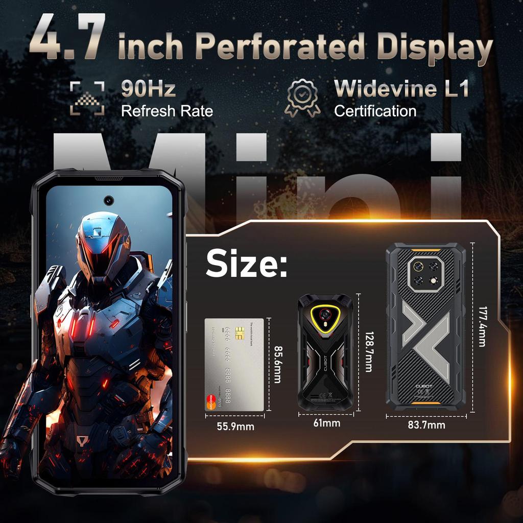 CUBOT Kingkong Mini 4 Android 15 Rugged Smartphone 16GB+128GB, 4.7'' Display, Camping Lamp, 48MP+16MP, 4700mAh, 4G Dual SIM/Face ID/NFC/IP68/GPS