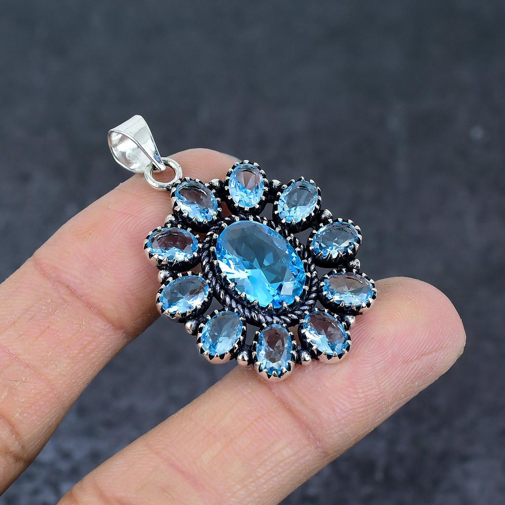 Natural Swiss Blue Topaz Gemstone 925 Sterling Silver Jewelry Pendant 2.05" B6g39