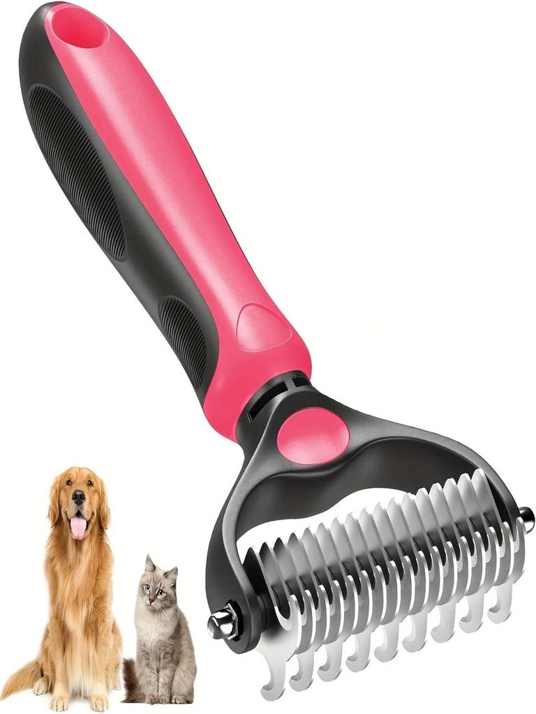 Ergonomic Double-Sided Undercoat Rake - Comfort Grip Dematting & Deshedding Brush Tool, Stainless Steel Teeth, Gentle on Skin, I