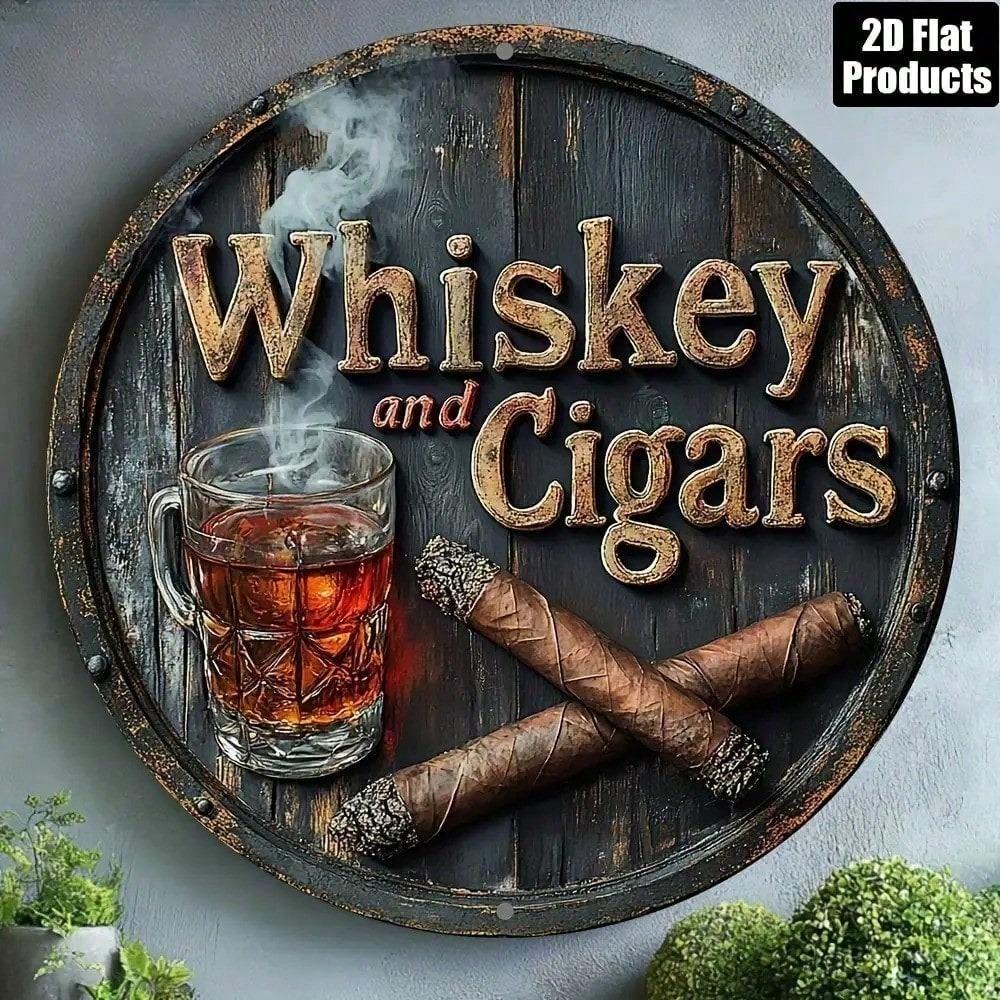 Metal Wall Art Poster, Flat Aluminum Sign, Whiskey Cigar Theme for Bar