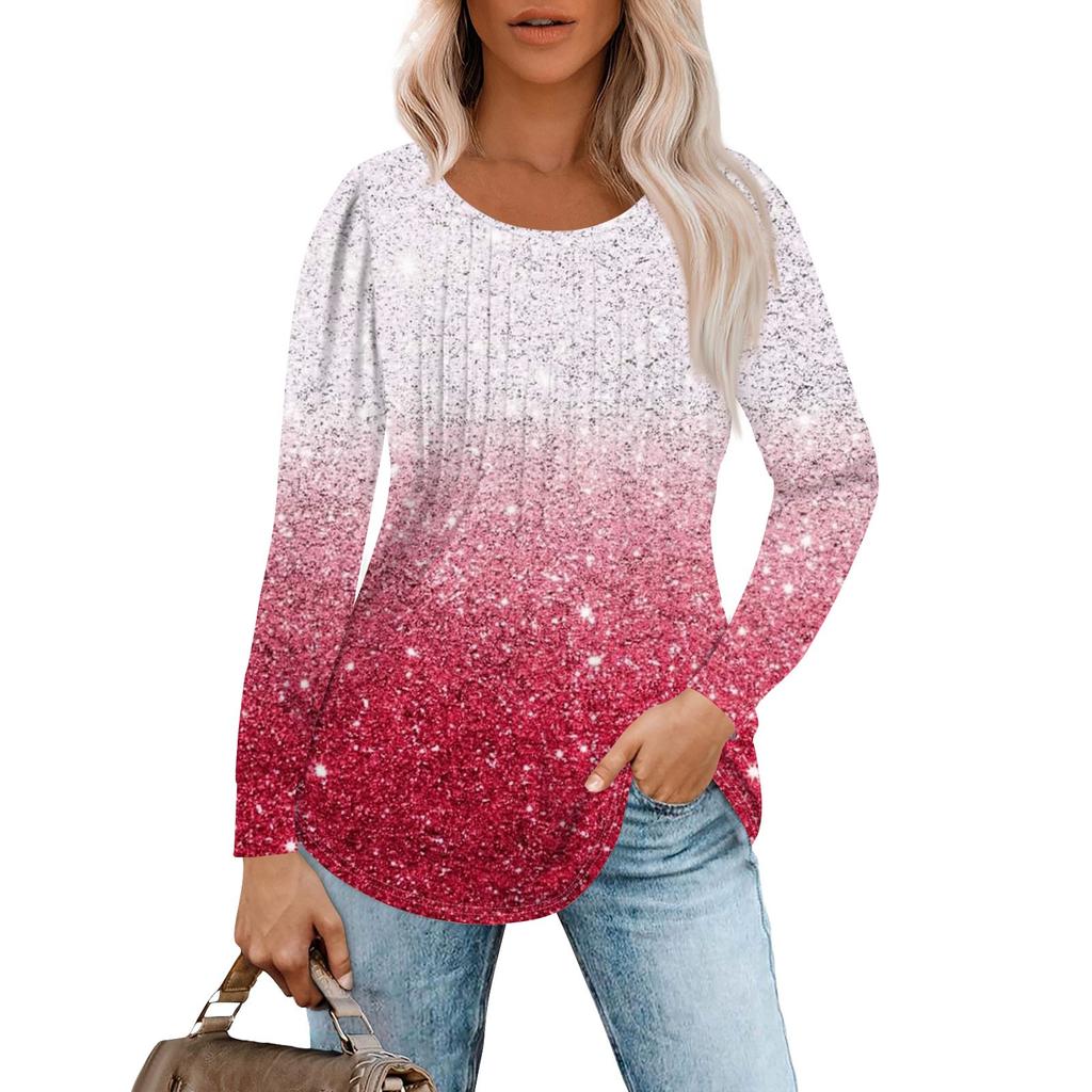 Langarmshirts für Damen, Oberteile, elegante, lässige Blusen, plissierte Tunika-Oberteile mit Rundhalsausschnitt