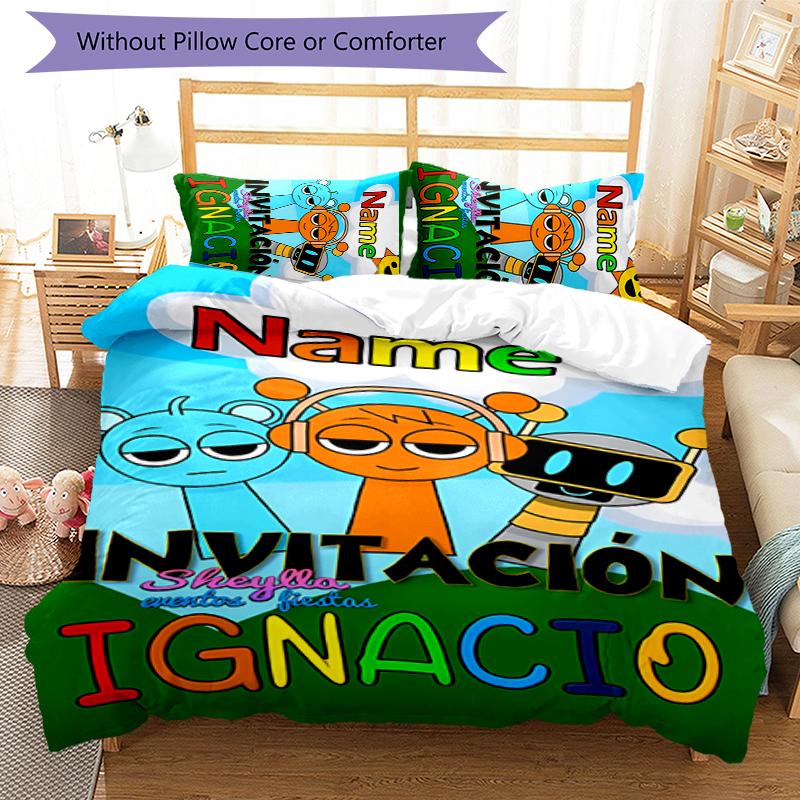 3pcs Custom Name Sprunki Themed Bedding Set Duvet Cover Closure Includes 1 Duvet Cover & 2 Pillowcases for All Seasons Bedroom Decor