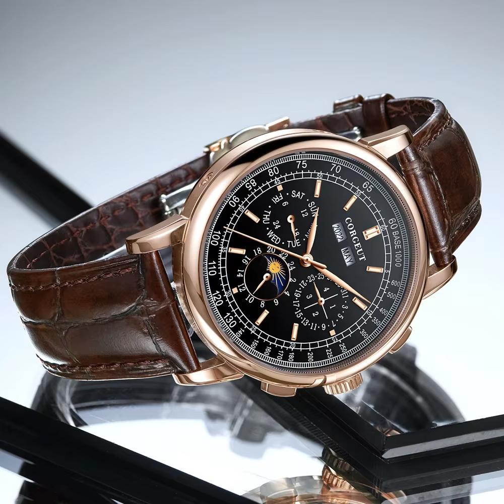 CORGEUT Montre Automatique 42MM ST1655 Bracelet Cuir 316L Boîtier Poli Montre Homme Affichage Jour Nuit