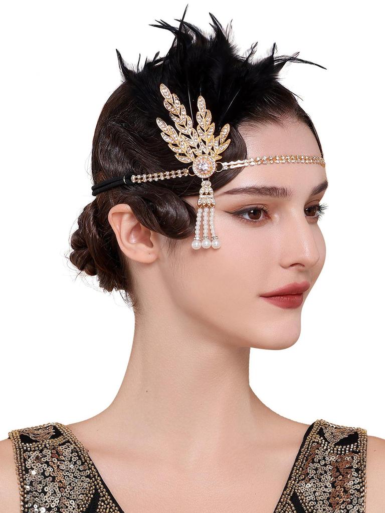 1920s Feather Headband with Rhinestones: Bachelorette Party & Masquerade Accessory
