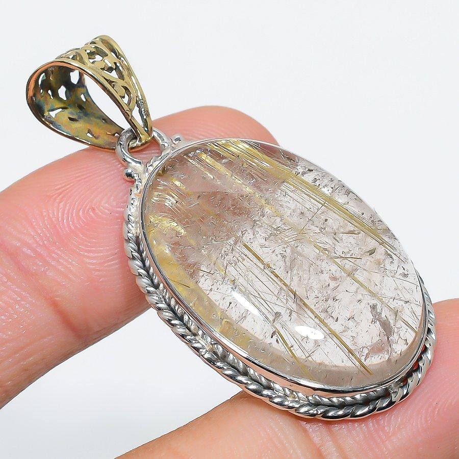 Natural Golden Rutile Gemstone 925 Solid Sterling Silver Jewelry Pendant 2" O5e00