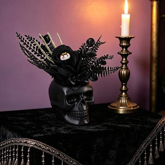 Spooky Skull Figurine, Black Red Rose Creepy Eyeballs Skeleton Halloween Table Centerpiece for Tabletop, Desk, Mantel, Shelf, Gothic Home Decor