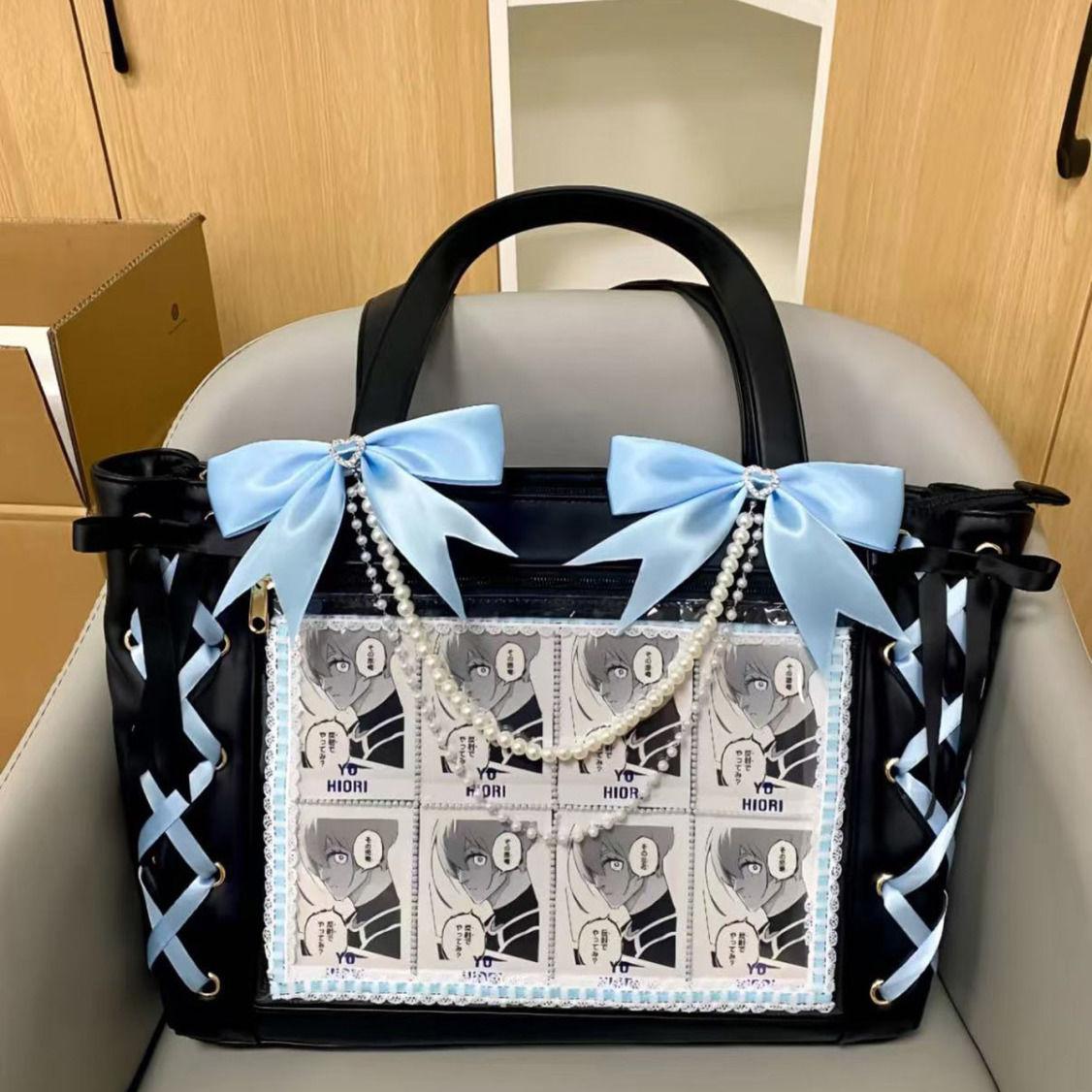 Nieuwe Japanse Zoete Meisje Ulzzang Ita Tas Lint Leuke Handtas voor Vrouwen Grote Capaciteit Transparante DIY Badge Éénschouder Tote Bag gray