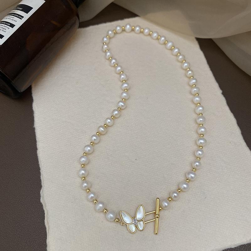 

High Quality Natural Freshwater Pearl Trendy Butterfly Style 14K Gold Filled Lady Short Choker Chain Necklace Cheap Gift 40cm