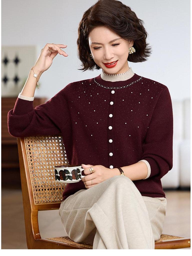 Elegant Winter Half-Collar Knit Sweater for Middle-Aged & Older Women – Velvet-Lined and Warm Two-Piece Look