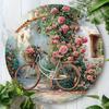 Rustic Blue Bicycle with Wicker Basket of Pink Roses Against a Charming White Cottage Lush Rose Garden HighDefinition Metal T