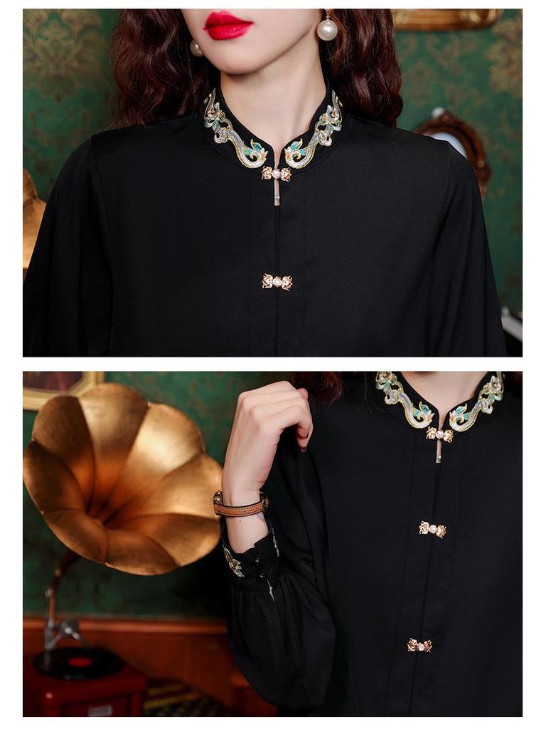 Women's Stand-Up Collar Shirt with Chinese Embroidery, Zen Style Long-Sleeve Top for Spring and Autumn.