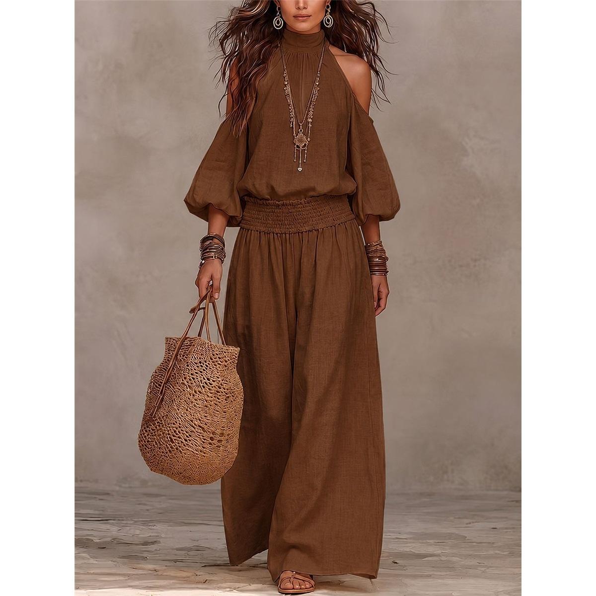 Dames 2-delig Outfit Halter Koud-Schouder Pofmouw Top Elastische Taille Wijde Pijpen Broek Bohemien Casual Set XL donkerbruine kleur