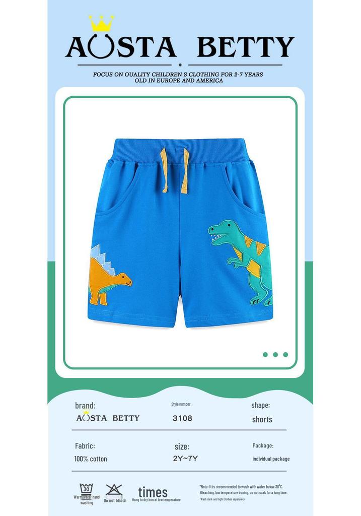 European Style Boys' Cartoon Dinosaur Embroidered Shorts, Summer Capris for Medium and Small Children