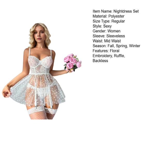 2 Pcs/Set Nightdress Underpants Set See-through Lace Floral Embroidery A-line Hem Thin Mesh Heart Applique Wired Bra Bedroom Honeymoon Sleepwear