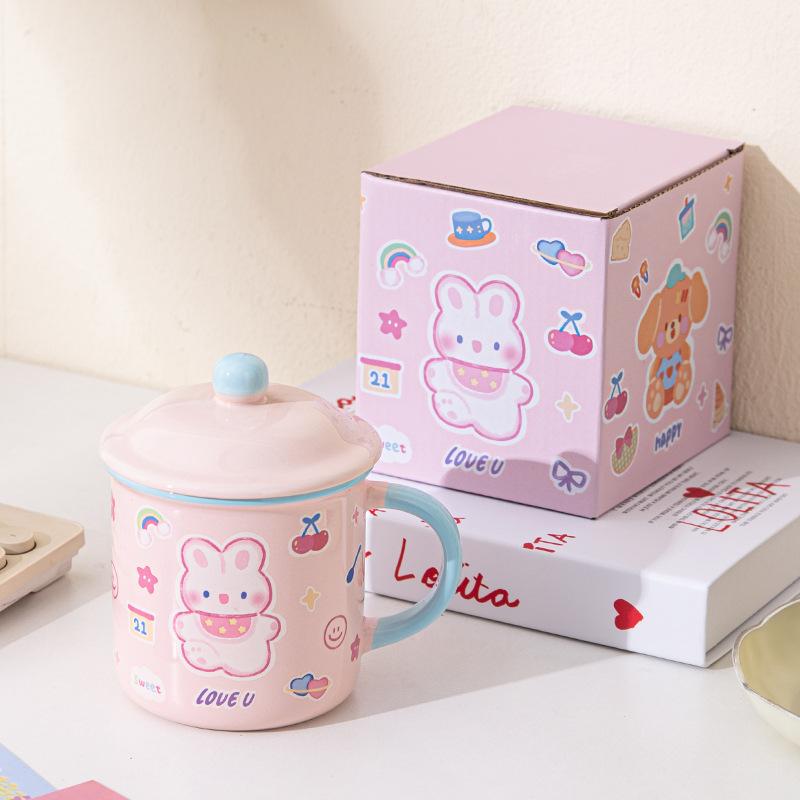 Cute Bear Mug with Lid Cartoon Household Water Cup Ceramic High Looking Breakfast Cup Birthday Gift Souvenir