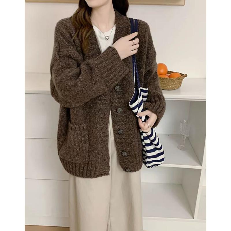 Lazy wind knitted cardigan women's clothing autumn and winter new loose casual thickened V-neck sweater jacket women