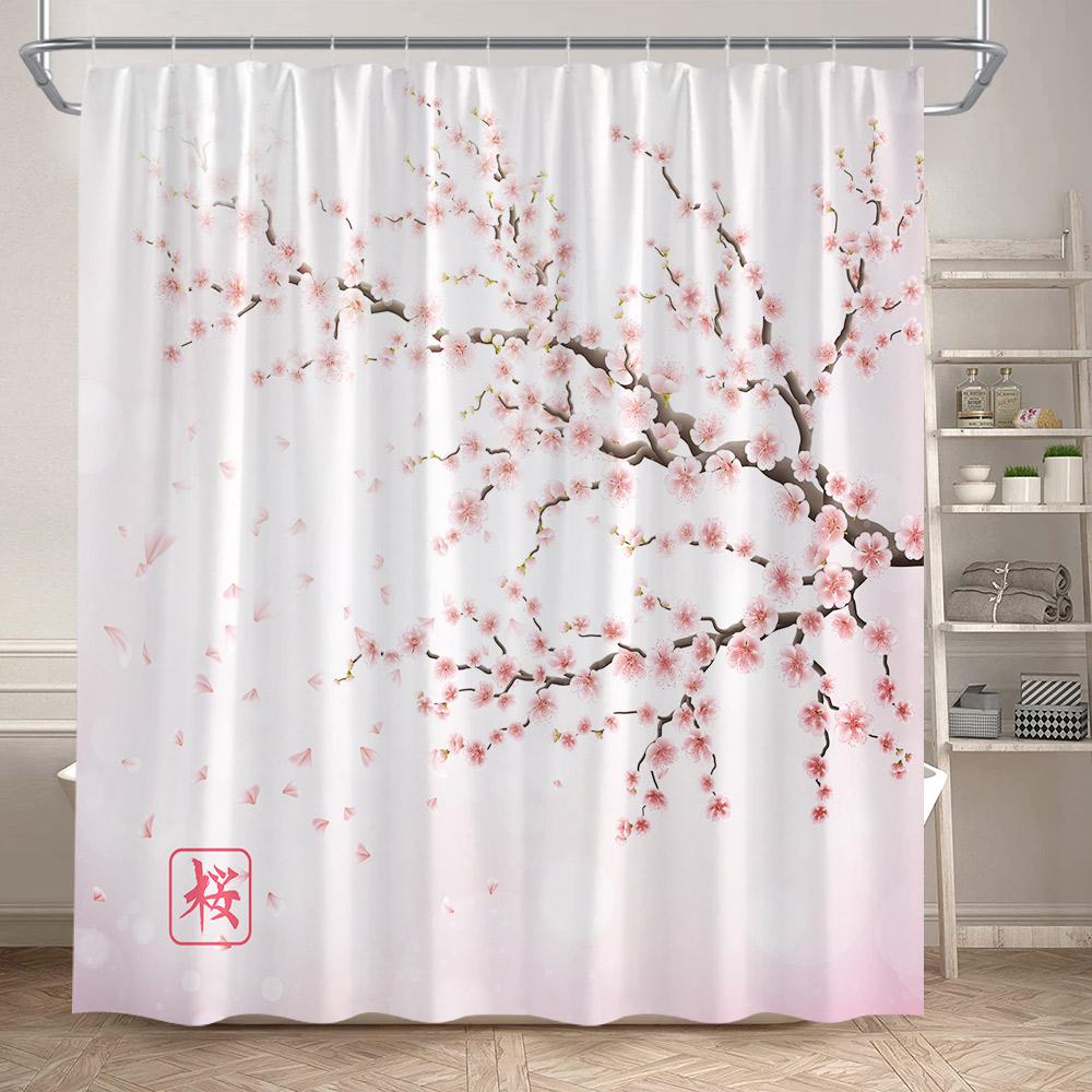Japanese Style Floral Shower Curtain Pink Cherry Blossom Koi Fish Sea Waves Abstract Mountain Scenery Bathroom Curtain Decor Set