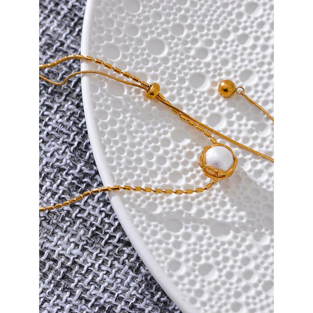 Yhpup Stainless Steel Imitation Pearl Korean Style Chain Necklace Water Resistant Personalized Fashion Neck Pendant Jewelry